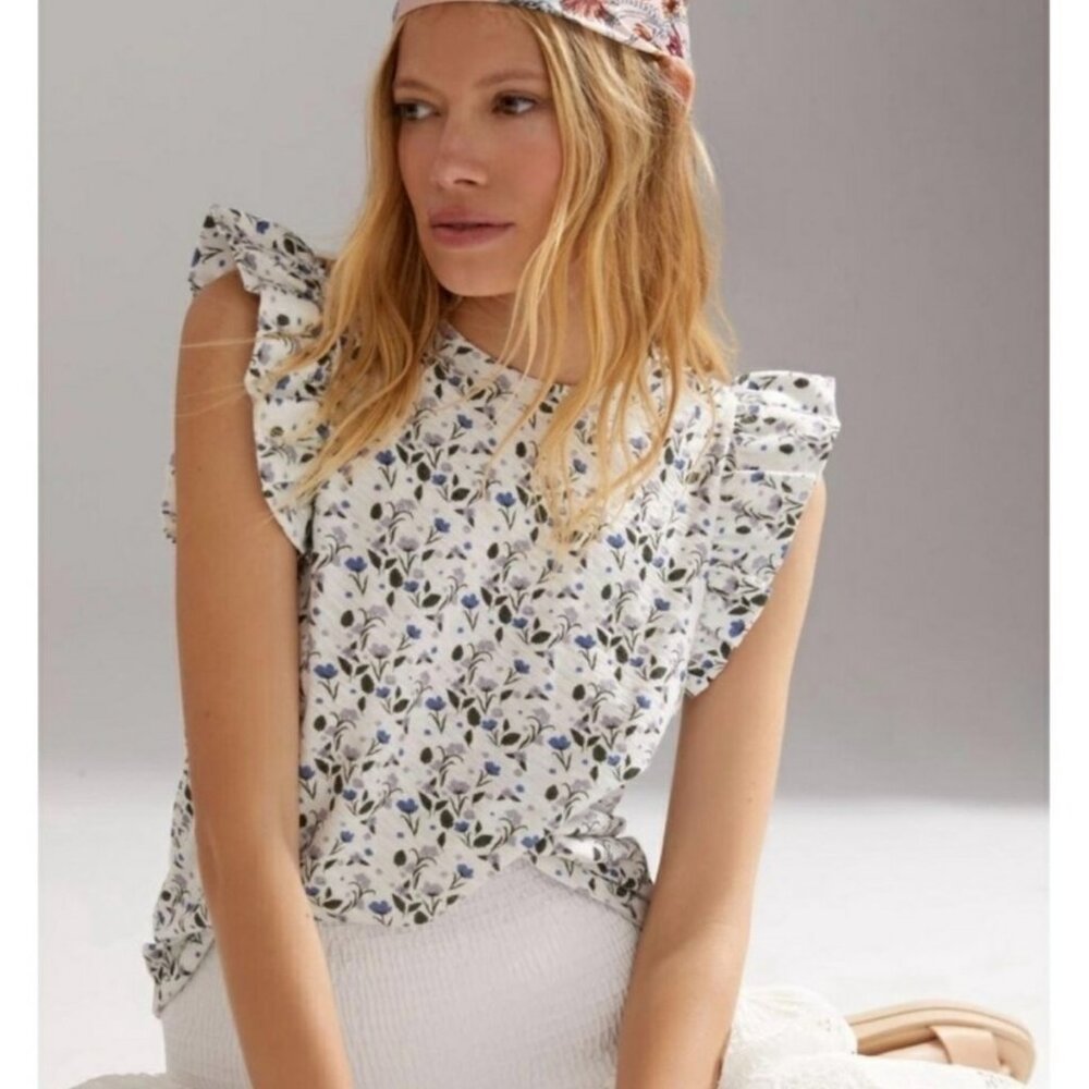 Nation LTD White Floral Ruffle Sleeve Tank Top